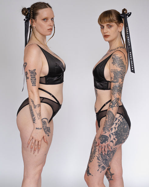 QUINN Black Satin Long Line Bralette